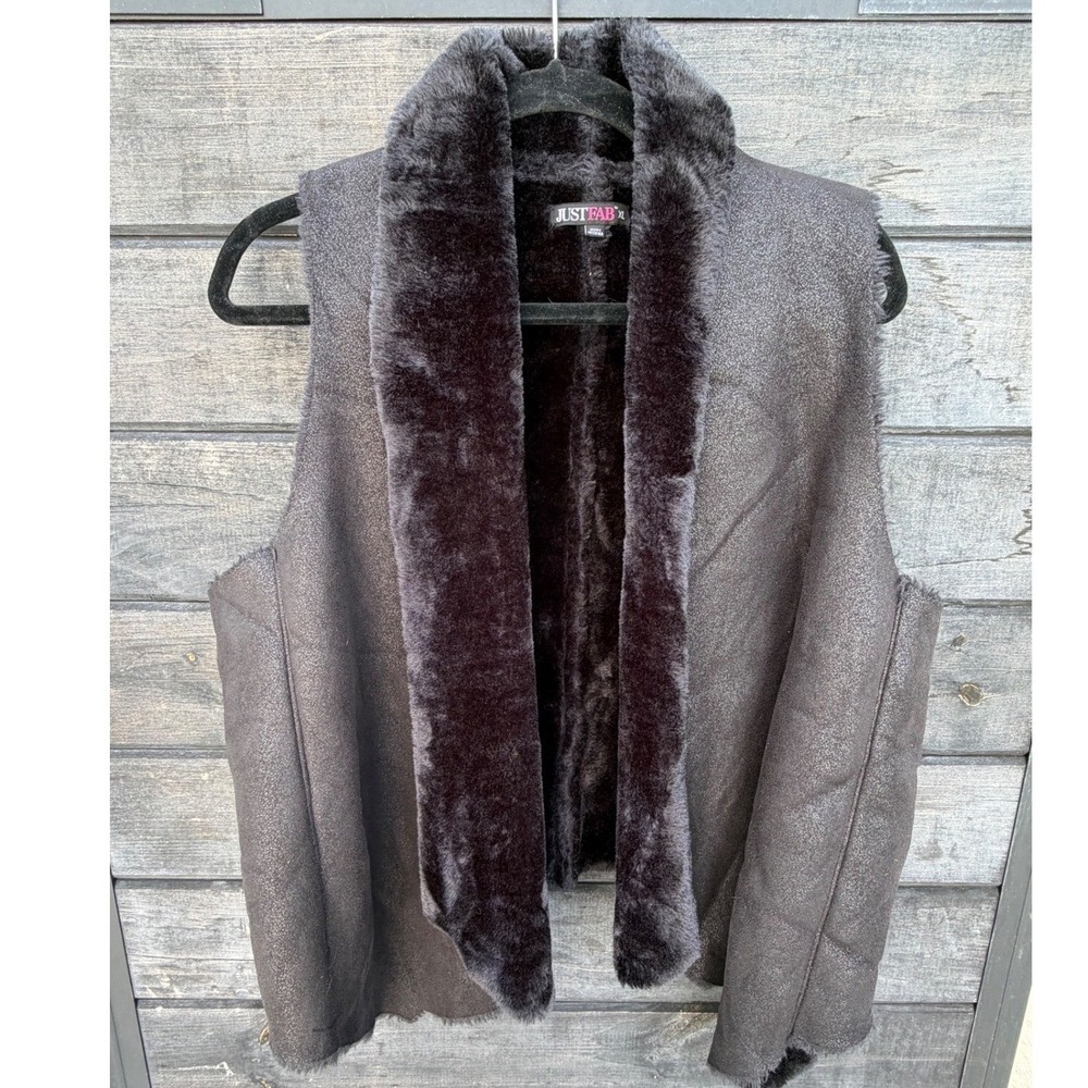 JustFab Womens Black Faux Suede Fur Trim Open Front Vest XL 344922-01-XL